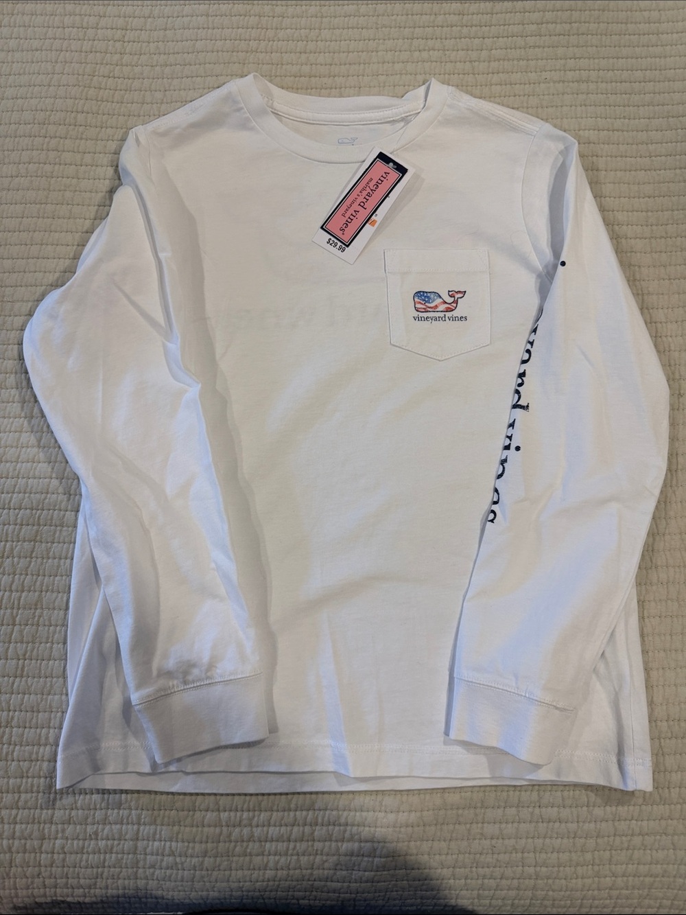 Vineyard Vines White Long-Sleeve Pocket Tee with Whale Patch